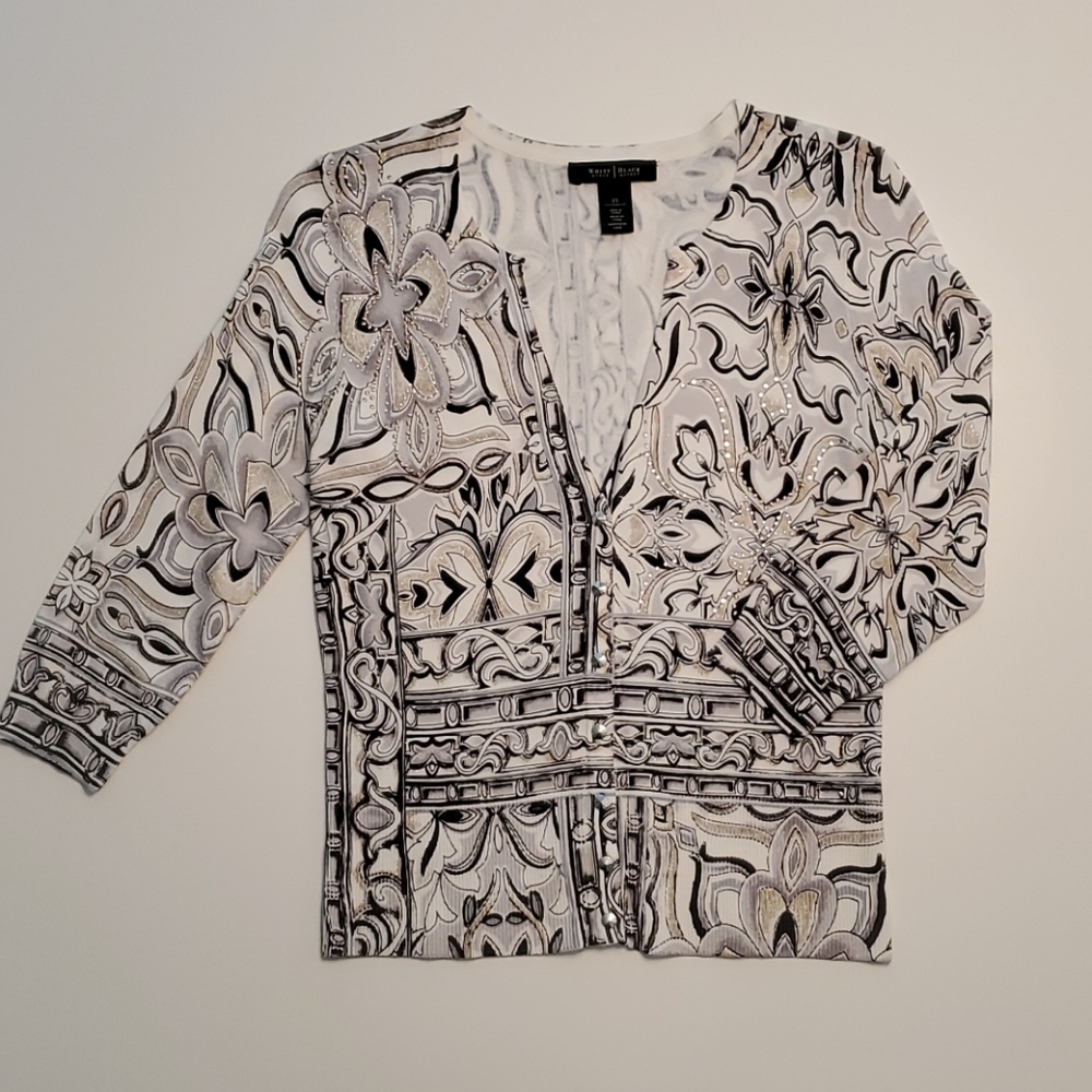 WHBM Black/White... 3/4 Sleeve Y-Neck Cardigan XS